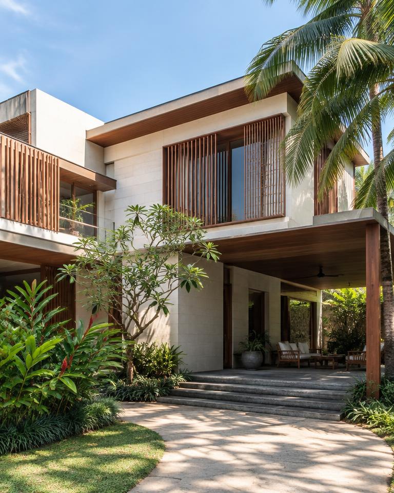 Contemporary villa framed by palms