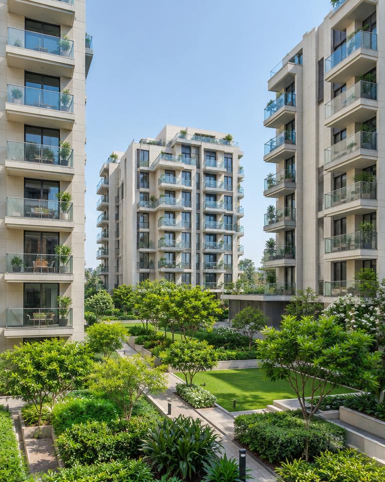 Modern apartments around a landscaped garden