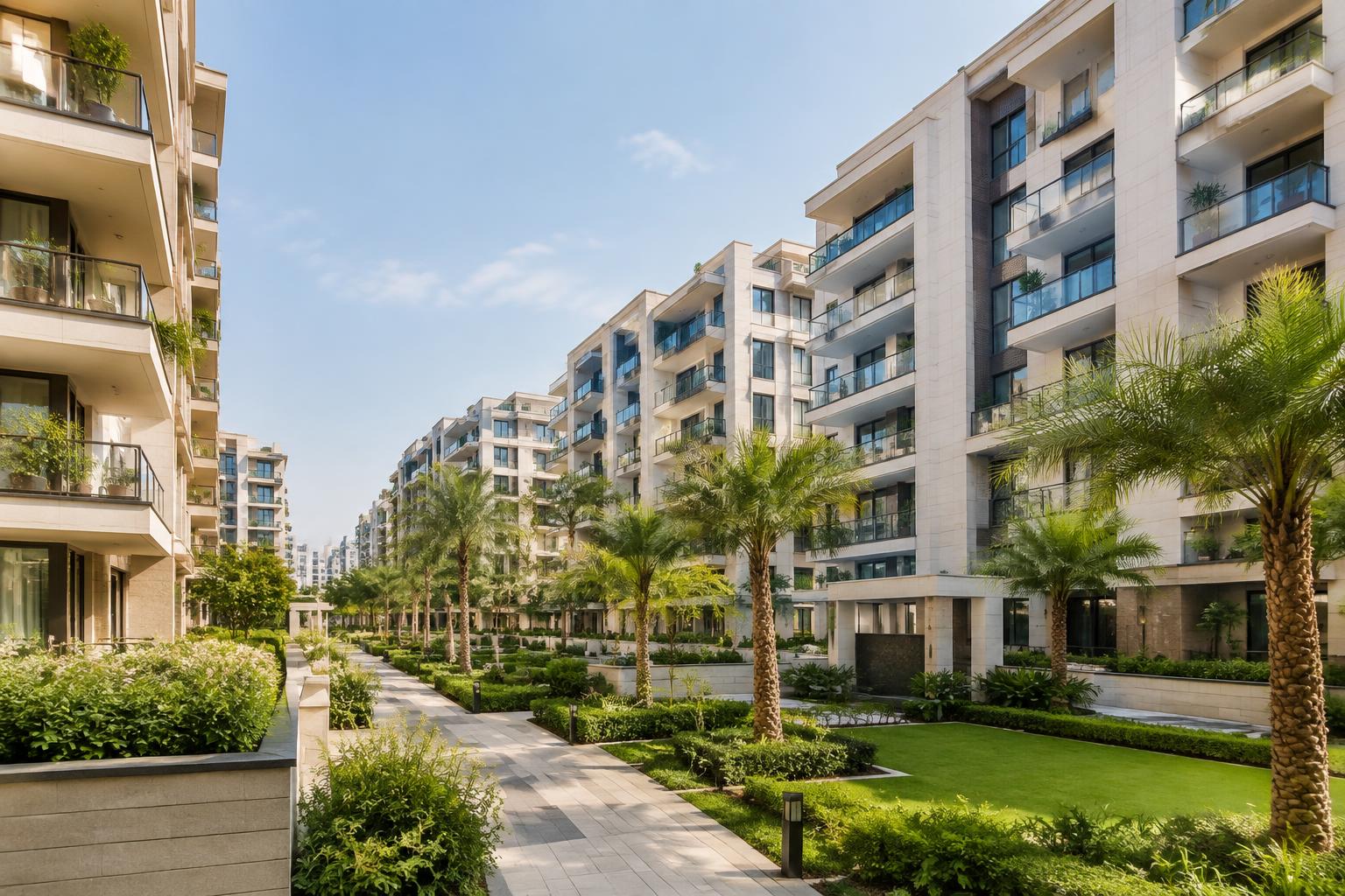 Modern apartment community with landscaped courtyard