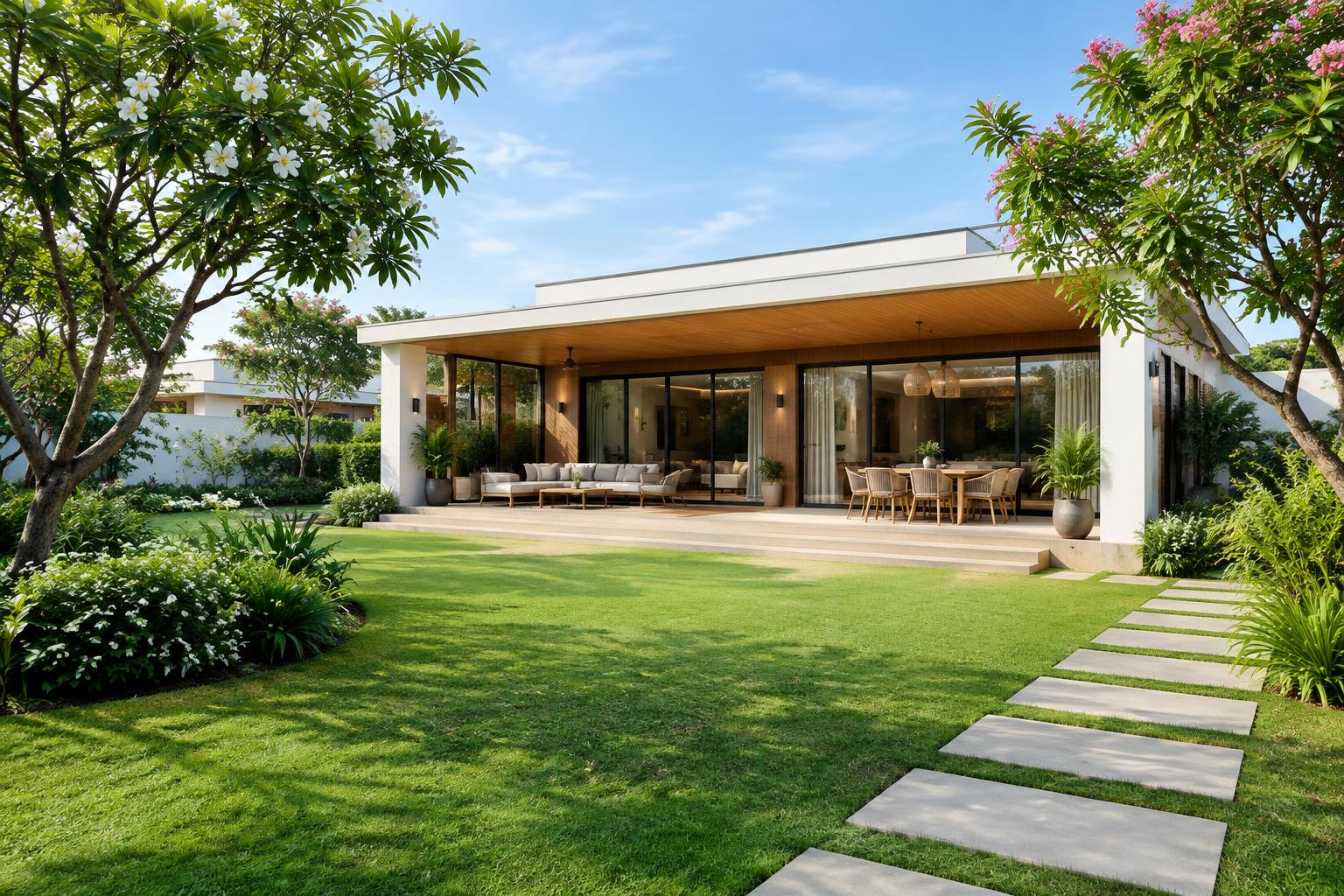 Modern villa surrounded by a landscaped garden