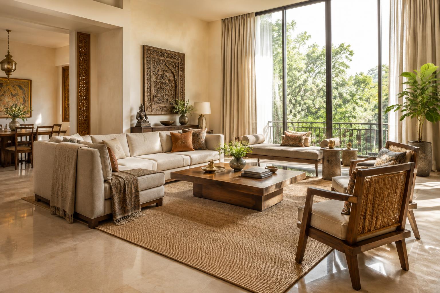 Sunlit contemporary living room with garden views